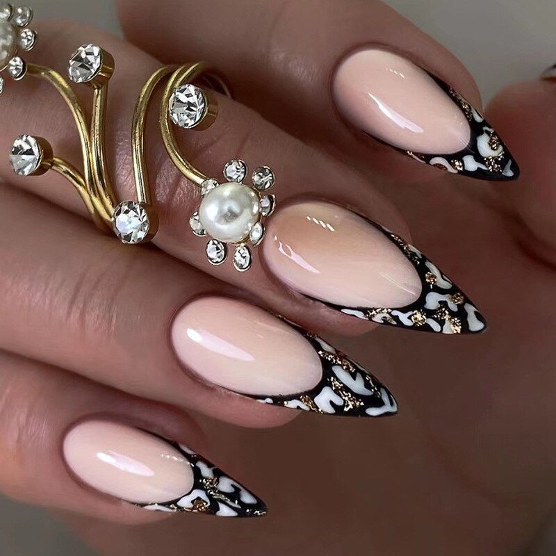 24Pcs Detachable Almond French Full Cover False Nails Silver Butterfly Lines Stiletto Fake Nials Press On Nails DIY Manicure