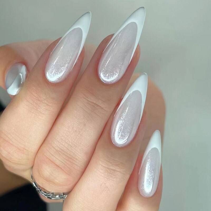 24Pcs Detachable Almond French Full Cover False Nails Silver Butterfly Lines Stiletto Fake Nials Press On Nails DIY Manicure