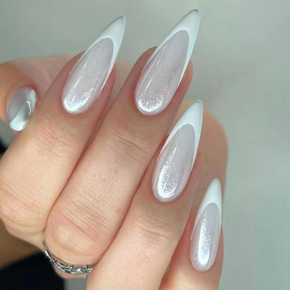 24Pcs Detachable Almond French Full Cover False Nails Silver Butterfly Lines Stiletto Fake Nials Press On Nails DIY Manicure