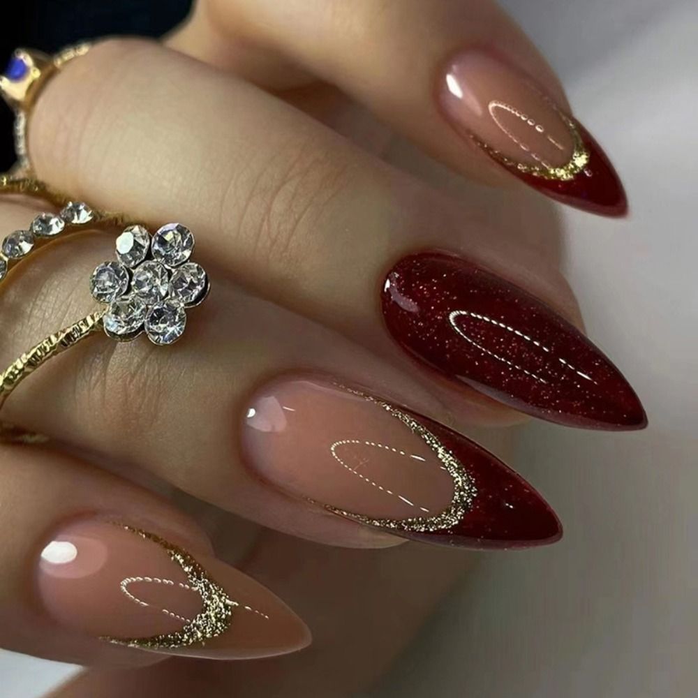 24Pcs Detachable Almond French Full Cover False Nails Silver Butterfly Lines Stiletto Fake Nials Press On Nails DIY Manicure