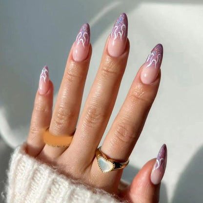 24Pcs Detachable Almond French Full Cover False Nails Silver Butterfly Lines Stiletto Fake Nials Press On Nails DIY Manicure