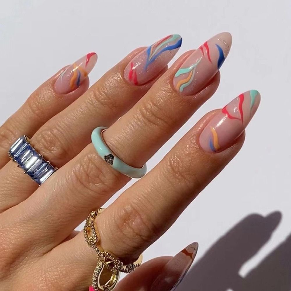 24Pcs Detachable Almond French Full Cover False Nails Silver Butterfly Lines Stiletto Fake Nials Press On Nails DIY Manicure