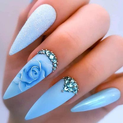 24Pcs Detachable Almond French Full Cover False Nails Silver Butterfly Lines Stiletto Fake Nials Press On Nails DIY Manicure