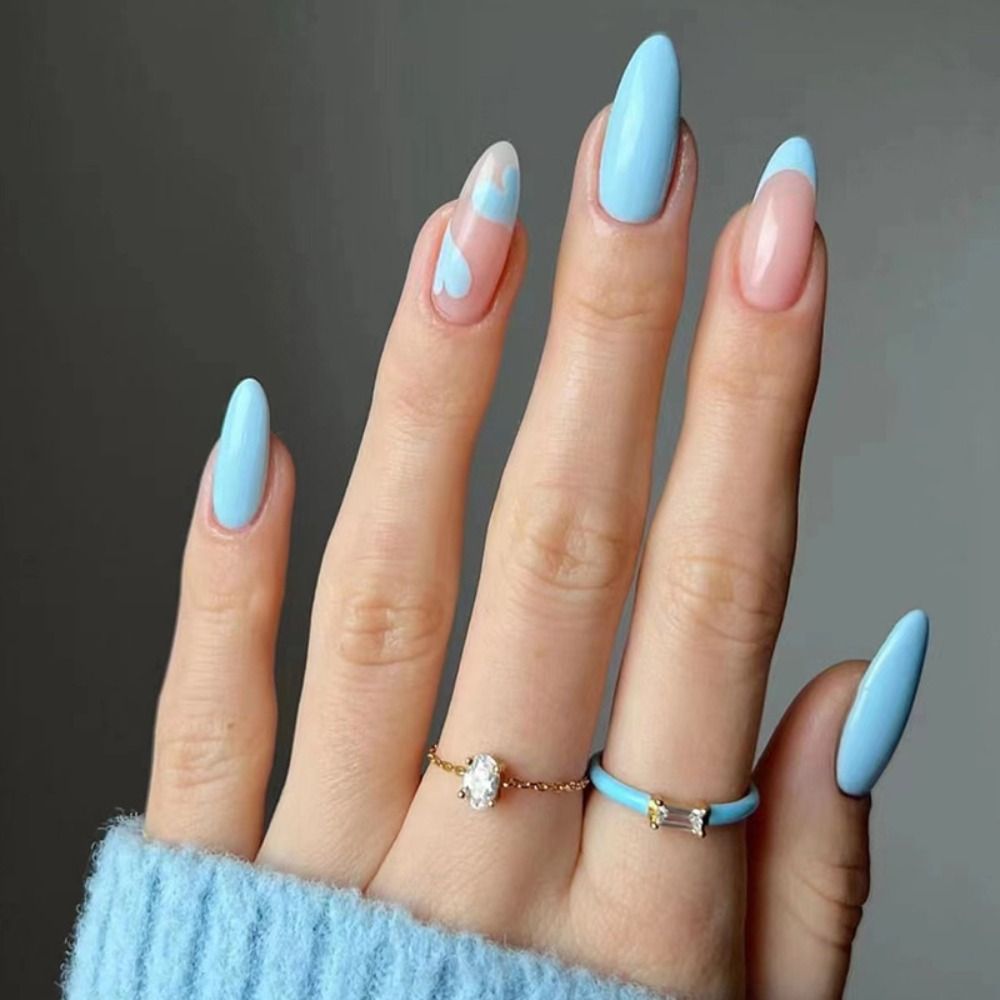 24Pcs Detachable Almond French Full Cover False Nails Silver Butterfly Lines Stiletto Fake Nials Press On Nails DIY Manicure
