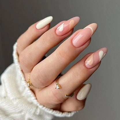 24Pcs Detachable Almond French Full Cover False Nails Silver Butterfly Lines Stiletto Fake Nials Press On Nails DIY Manicure