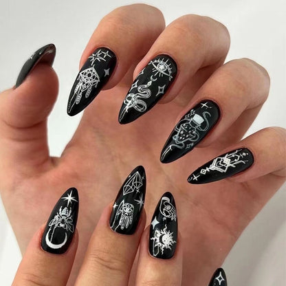 24Pcs Detachable Almond French Full Cover False Nails Silver Butterfly Lines Stiletto Fake Nials Press On Nails DIY Manicure