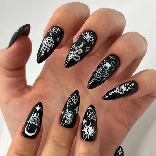 24Pcs Detachable Almond French Full Cover False Nails Silver Butterfly Lines Stiletto Fake Nials Press On Nails DIY Manicure