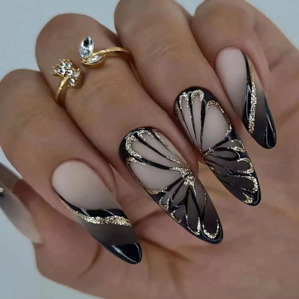 24Pcs Detachable Almond French Full Cover False Nails Silver Butterfly Lines Stiletto Fake Nials Press On Nails DIY Manicure