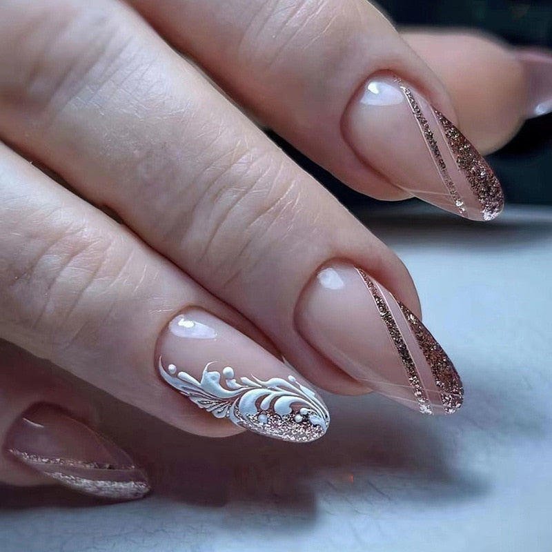 24Pcs Detachable Almond French Full Cover False Nails Silver Butterfly Lines Stiletto Fake Nials Press On Nails DIY Manicure