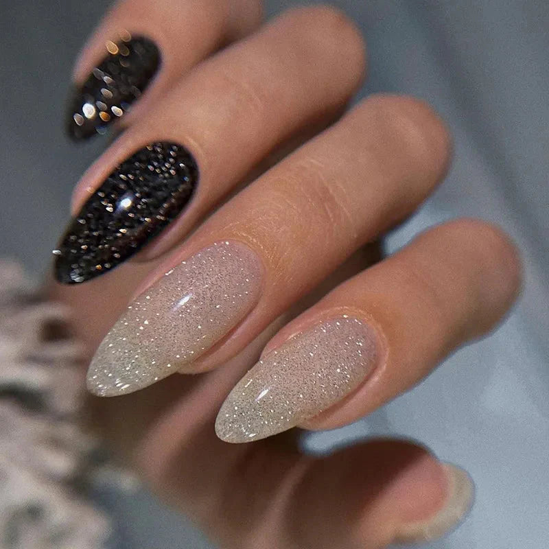 24Pcs Detachable Almond French Full Cover False Nails Silver Butterfly Lines Stiletto Fake Nials Press On Nails DIY Manicure