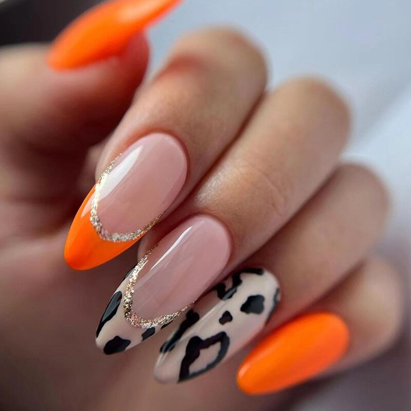 24Pcs Detachable Almond French Full Cover False Nails Silver Butterfly Lines Stiletto Fake Nials Press On Nails DIY Manicure