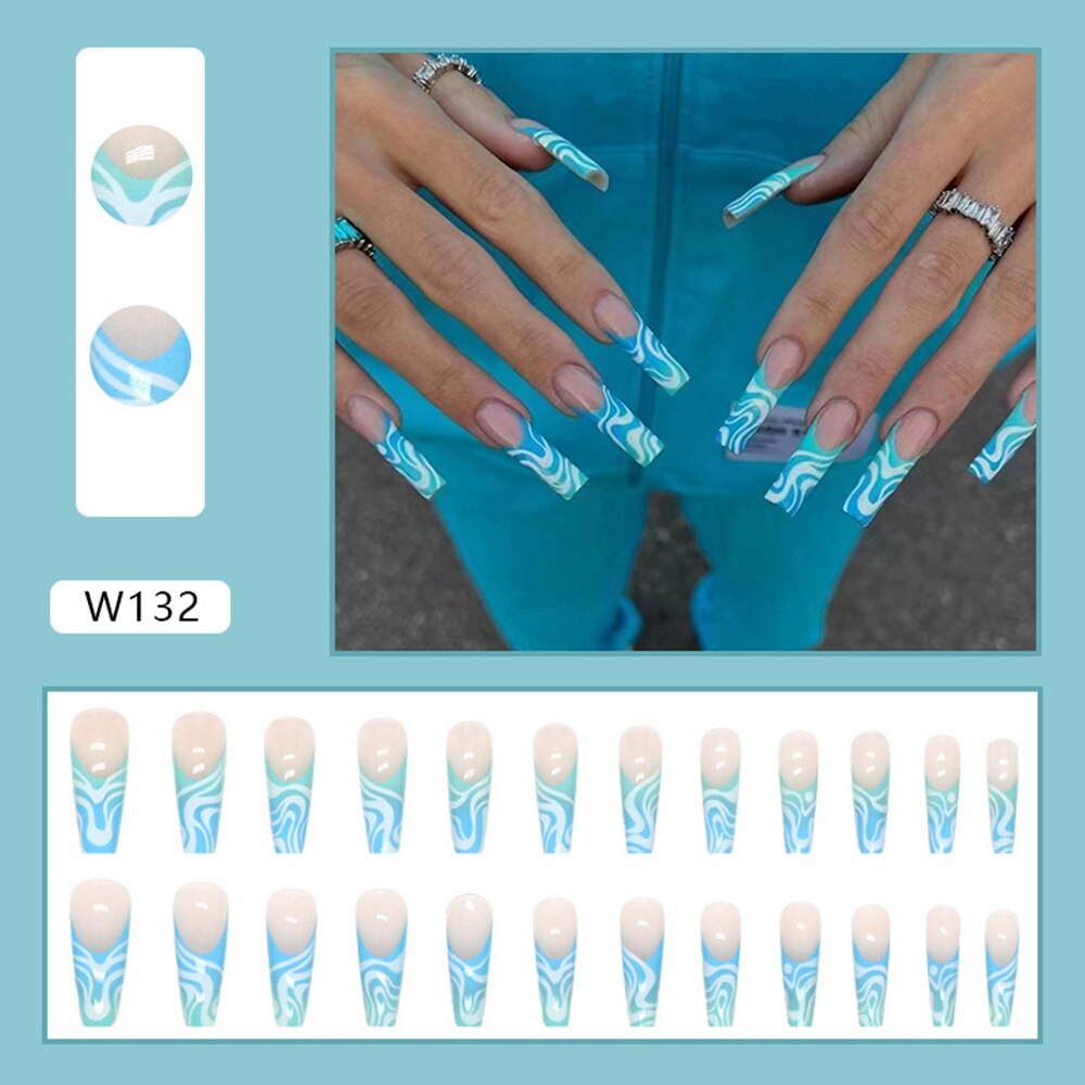 24Pcs Detachable Artificial Fake Nails French Purple Grape Blue wave Design Long Ballet Coffin Press On Nail False Manicure Tips