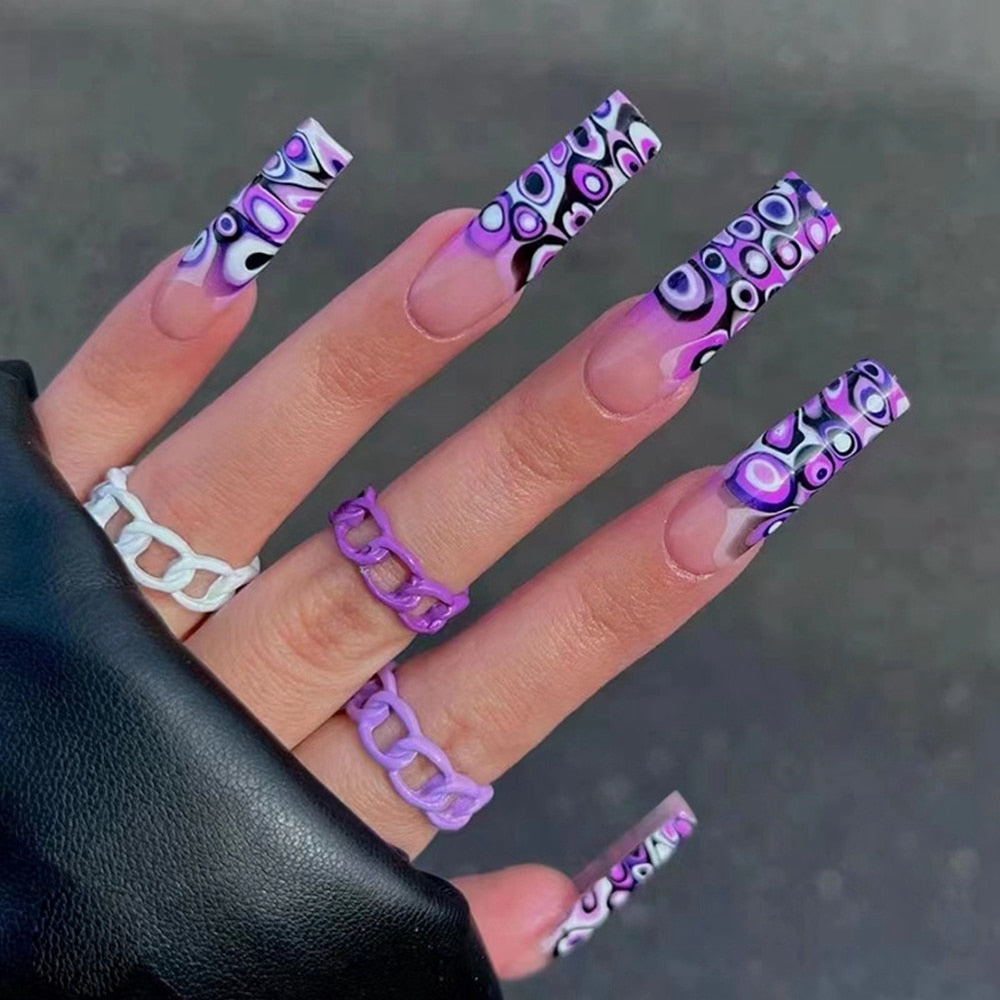 24Pcs Detachable Artificial Fake Nails French Purple Grape Blue wave Design Long Ballet Coffin Press On Nail False Manicure Tips