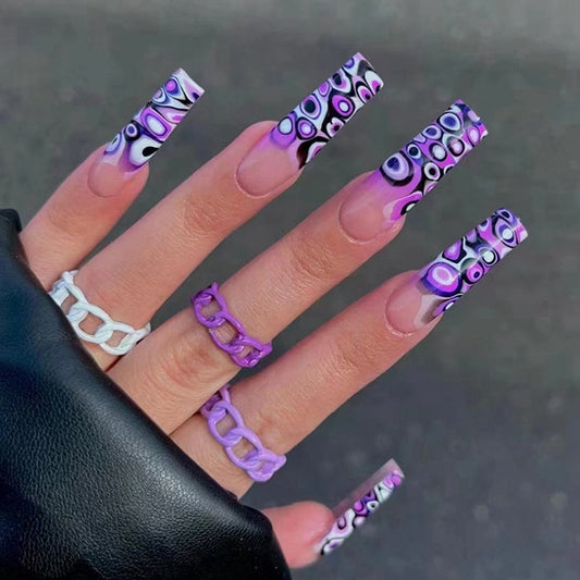 24Pcs Detachable Artificial Fake Nails French Purple Grape Blue wave Design Long Ballet Coffin Press On Nail False Manicure Tips