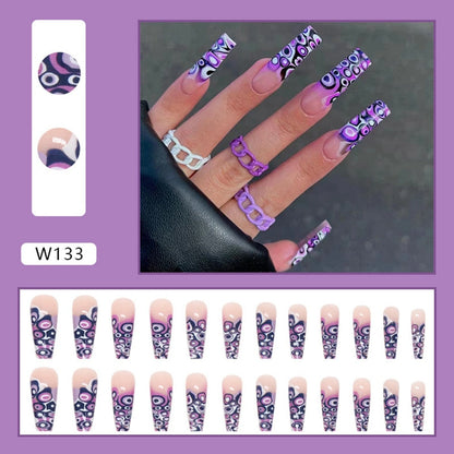 24Pcs Detachable Artificial Fake Nails French Purple Grape Blue wave Design Long Ballet Coffin Press On Nail False Manicure Tips