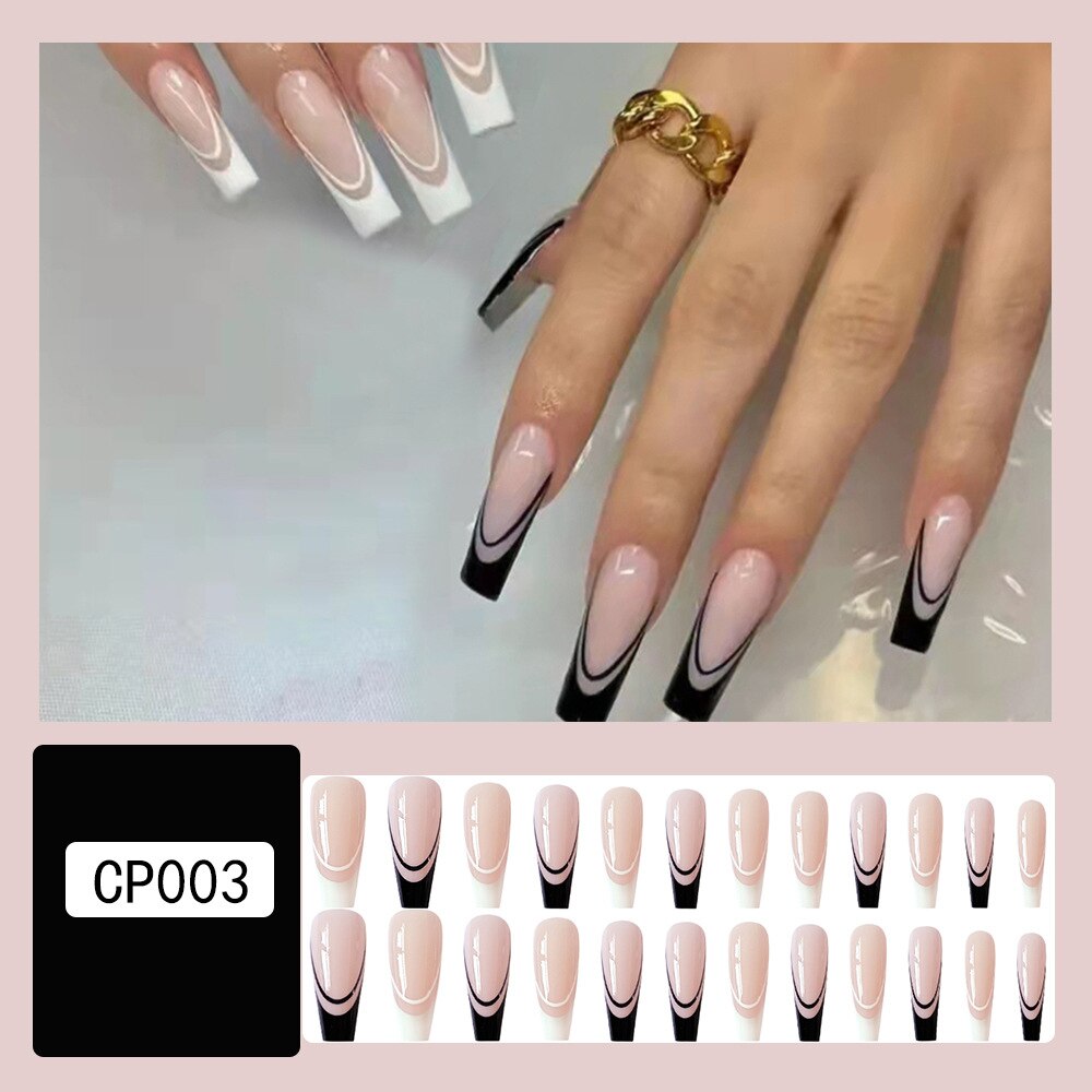 24Pcs Detachable Artificial Fake Nails French Purple Grape Blue wave Design Long Ballet Coffin Press On Nail False Manicure Tips
