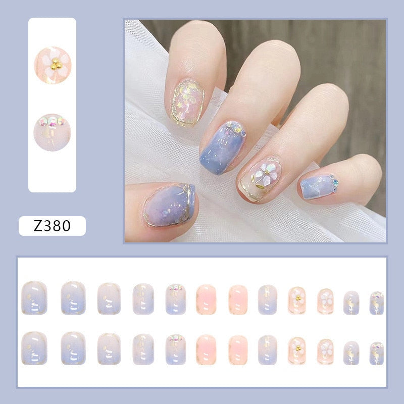 24Pcs Detachable False Nails Rhinestones Blue Wearable Fake Nails Full Cover Nail Tips Fake Nail with Moon Design Press on Nails