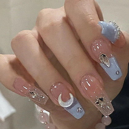 24Pcs Detachable False Nails Rhinestones Blue Wearable Fake Nails Full Cover Nail Tips Fake Nail with Moon Design Press on Nails