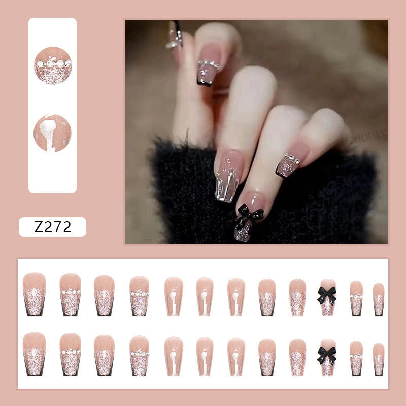 24Pcs Detachable False Nails Rhinestones Blue Wearable Fake Nails Full Cover Nail Tips Fake Nail with Moon Design Press on Nails