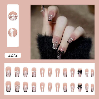 24Pcs Detachable False Nails Rhinestones Blue Wearable Fake Nails Full Cover Nail Tips Fake Nail with Moon Design Press on Nails
