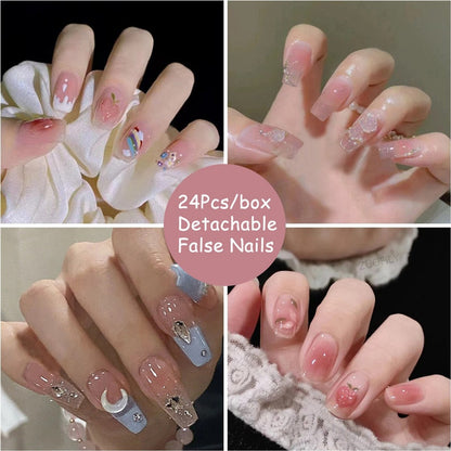 24Pcs Detachable False Nails Rhinestones Blue Wearable Fake Nails Full Cover Nail Tips Fake Nail with Moon Design Press on Nails