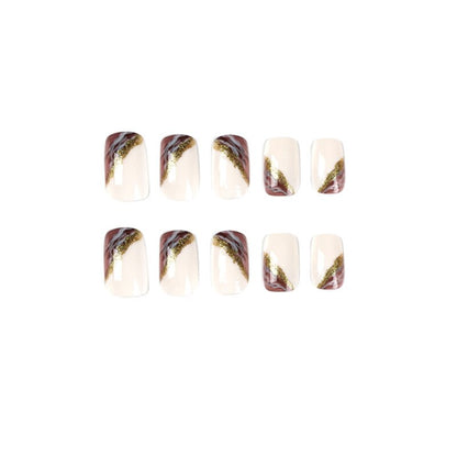 24Pcs Fake Nails Short Coffin Brown Gold Foil Design Full Cover Press on Fingernails Tips European Artificial Acrylic Nail Tips