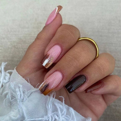 24Pcs Fake Nails Short Coffin Brown Gold Foil Design Full Cover Press on Fingernails Tips European Artificial Acrylic Nail Tips