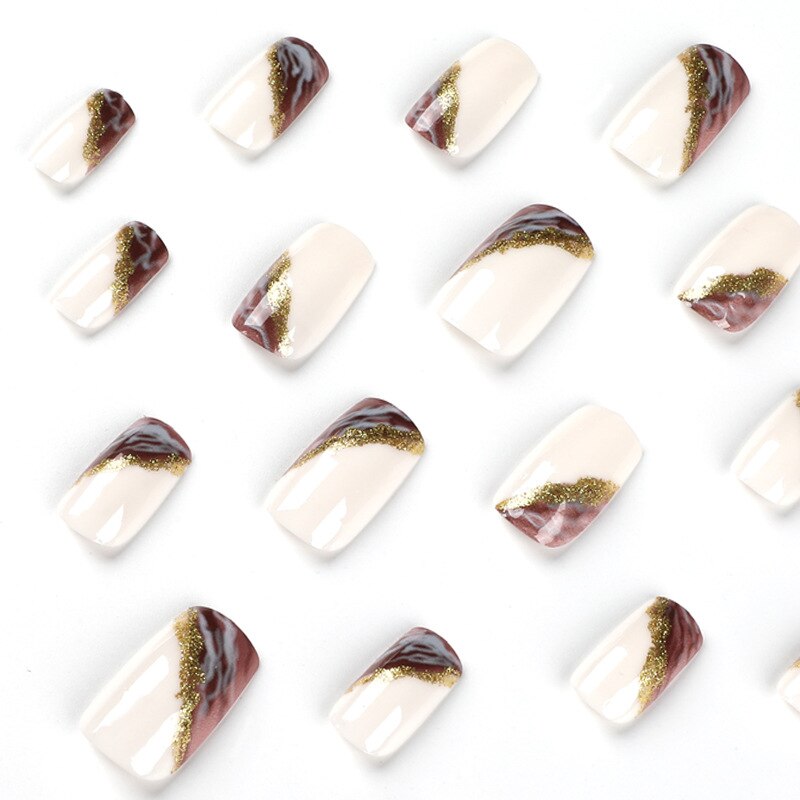 24Pcs Fake Nails Short Coffin Brown Gold Foil Design Full Cover Press on Fingernails Tips European Artificial Acrylic Nail Tips