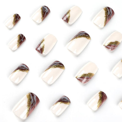 24Pcs Fake Nails Short Coffin Brown Gold Foil Design Full Cover Press on Fingernails Tips European Artificial Acrylic Nail Tips