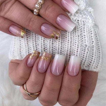 24Pcs Fake Nails Short Coffin Brown Gold Foil Design Full Cover Press on Fingernails Tips European Artificial Acrylic Nail Tips