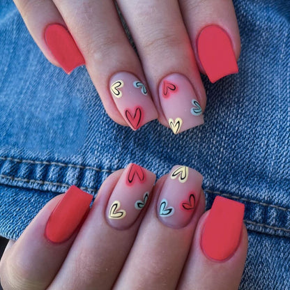 24Pcs False Nails Short Square Head Heart Rhinestone Pearl Full Cover Nail Tips Detachable Fake Nails Press on Nails Manicure