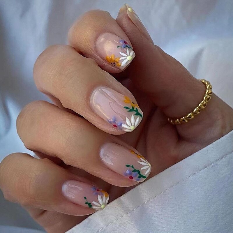 24Pcs False Nails Short Square Head Heart Rhinestone Pearl Full Cover Nail Tips Detachable Fake Nails Press on Nails Manicure