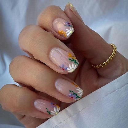 24Pcs False Nails Short Square Head Heart Rhinestone Pearl Full Cover Nail Tips Detachable Fake Nails Press on Nails Manicure