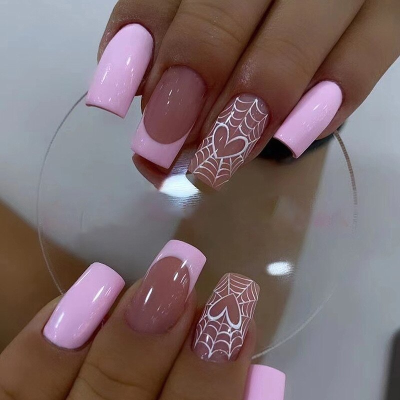 24Pcs False Nails Short Square Head Heart Rhinestone Pearl Full Cover Nail Tips Detachable Fake Nails Press on Nails Manicure