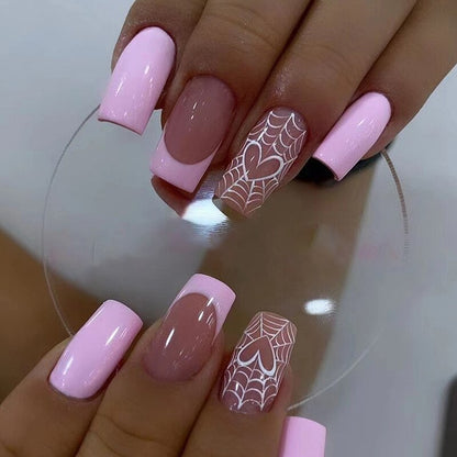 24Pcs False Nails Short Square Head Heart Rhinestone Pearl Full Cover Nail Tips Detachable Fake Nails Press on Nails Manicure