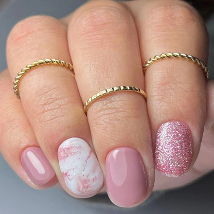 24Pcs False Nails Short Square Head Heart Rhinestone Pearl Full Cover Nail Tips Detachable Fake Nails Press on Nails Manicure