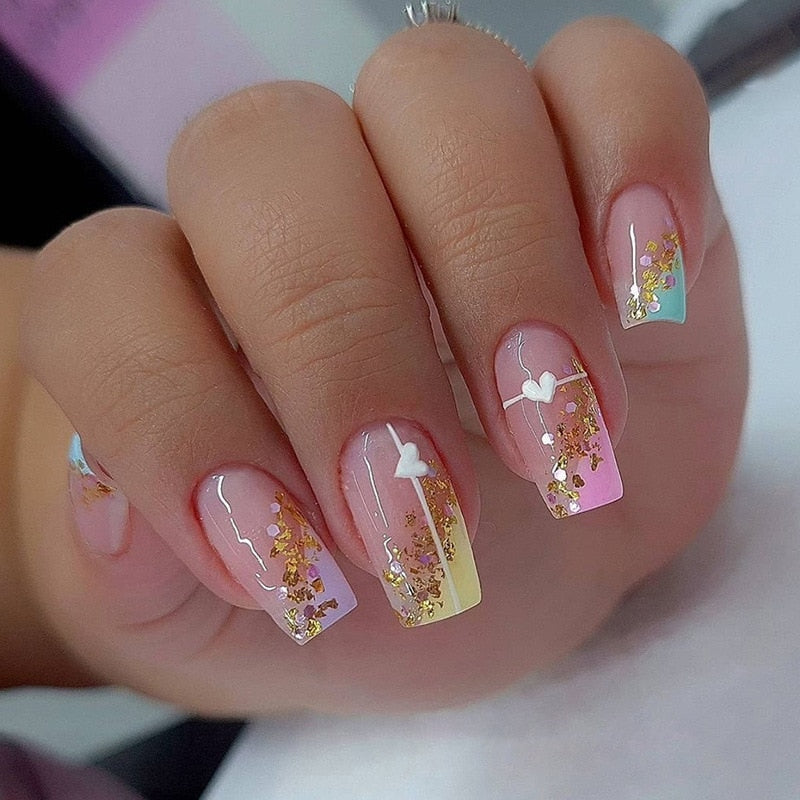 24Pcs False Nails Short Square Head Heart Rhinestone Pearl Full Cover Nail Tips Detachable Fake Nails Press on Nails Manicure