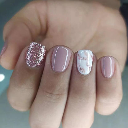 24Pcs False Nails Short Square Head Heart Rhinestone Pearl Full Cover Nail Tips Detachable Fake Nails Press on Nails Manicure