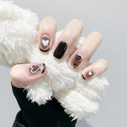 24Pcs False Nails Short Square Head Heart Rhinestone Pearl Full Cover Nail Tips Detachable Fake Nails Press on Nails Manicure