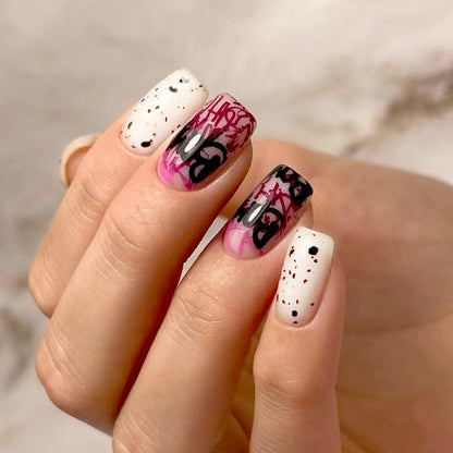 24Pcs False Nails Short Square Head Heart Rhinestone Pearl Full Cover Nail Tips Detachable Fake Nails Press on Nails Manicure