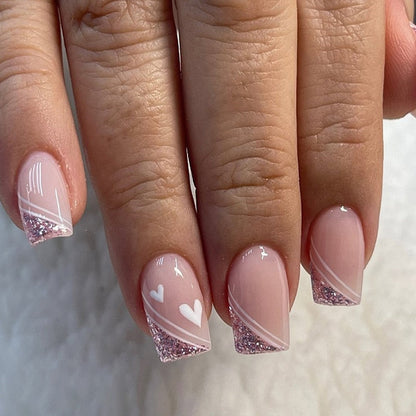 24Pcs False Nails Short Square Head Heart Rhinestone Pearl Full Cover Nail Tips Detachable Fake Nails Press on Nails Manicure
