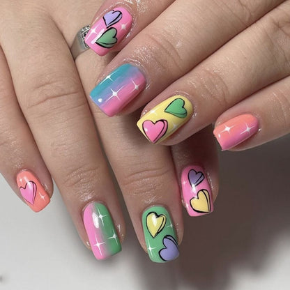 24Pcs False Nails Short Square Head Heart Rhinestone Pearl Full Cover Nail Tips Detachable Fake Nails Press on Nails Manicure
