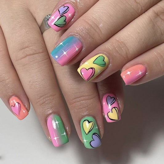 24Pcs False Nails Short Square Head Heart Rhinestone Pearl Full Cover Nail Tips Detachable Fake Nails Press on Nails Manicure