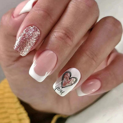 24Pcs False Nails Short Square Head Heart Rhinestone Pearl Full Cover Nail Tips Detachable Fake Nails Press on Nails Manicure