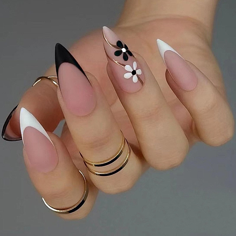 24Pcs Frosting False Nail Tips with Golden Glitter Designs French Rhinestone Manicure Stiletto Fake Nails Set Press on Nails