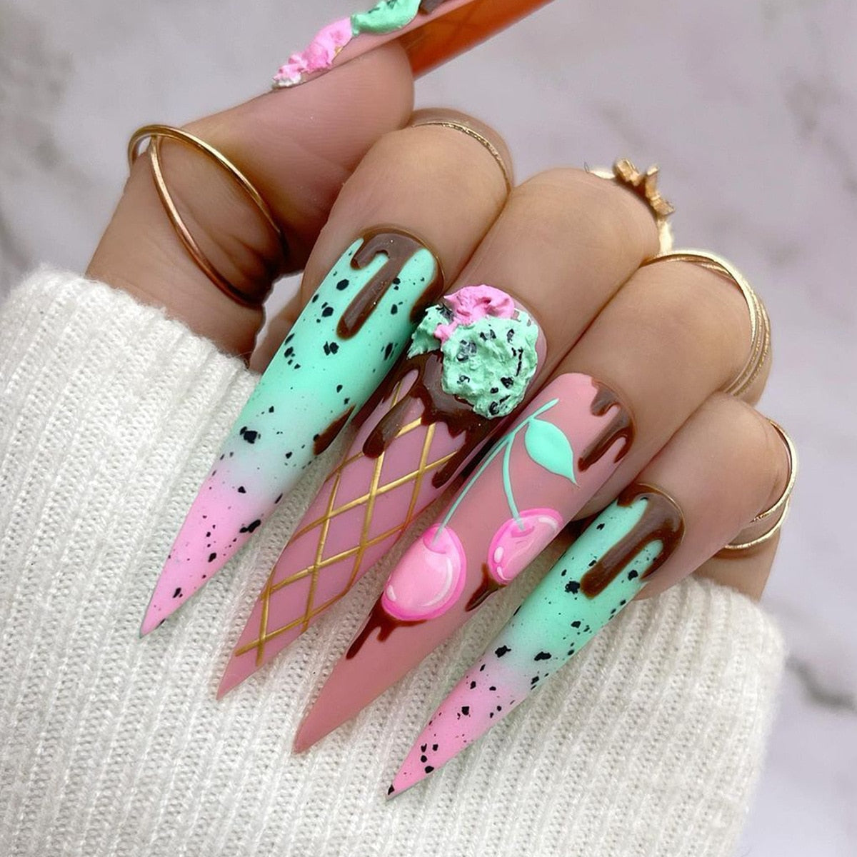 24Pcs Frosting False Nail Tips with Golden Glitter Designs French Rhinestone Manicure Stiletto Fake Nails Set Press on Nails