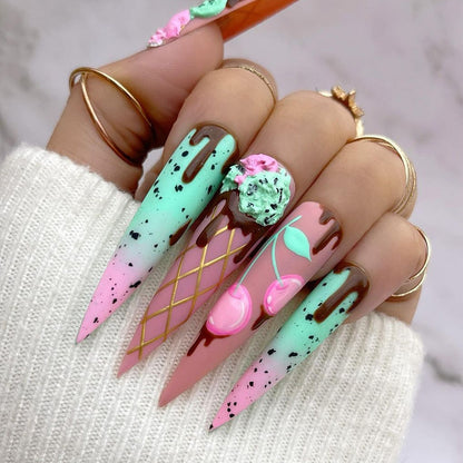 24Pcs Frosting False Nail Tips with Golden Glitter Designs French Rhinestone Manicure Stiletto Fake Nails Set Press on Nails