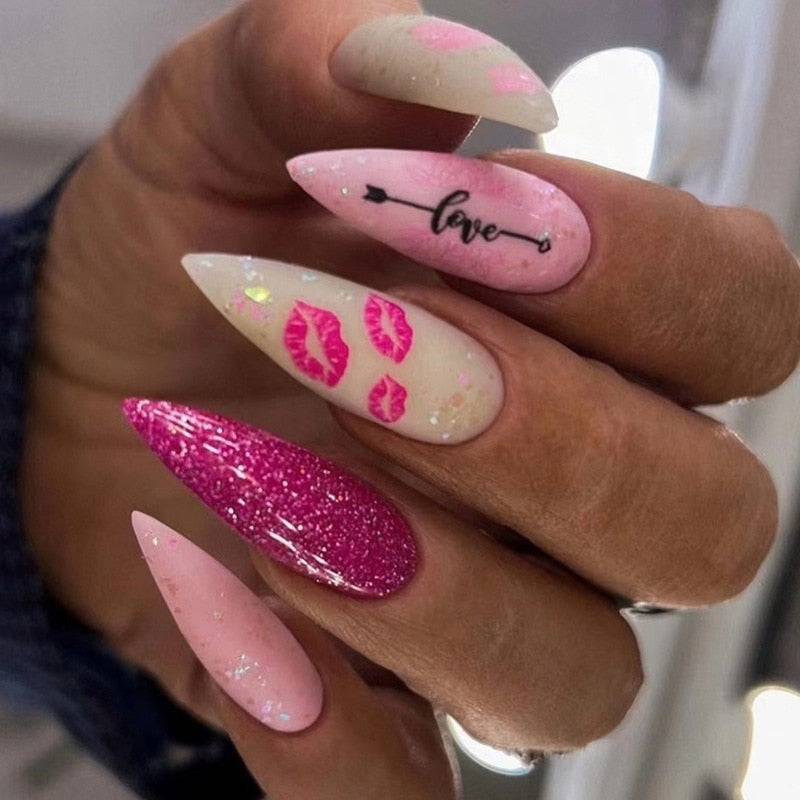 24Pcs Frosting False Nail Tips with Golden Glitter Designs French Rhinestone Manicure Stiletto Fake Nails Set Press on Nails