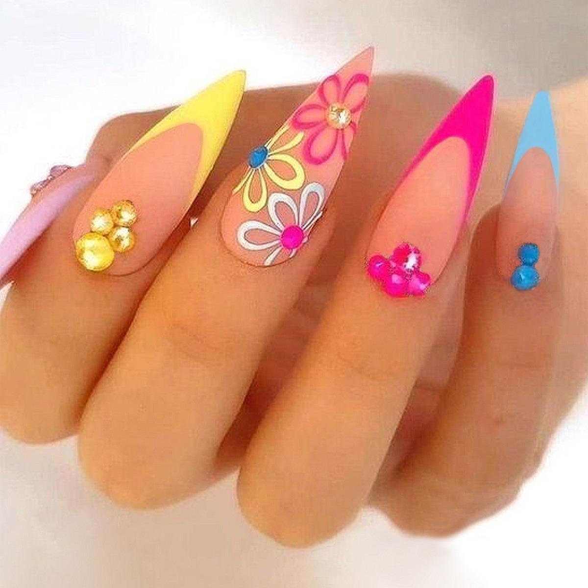 24Pcs Frosting False Nail Tips with Golden Glitter Designs French Rhinestone Manicure Stiletto Fake Nails Set Press on Nails