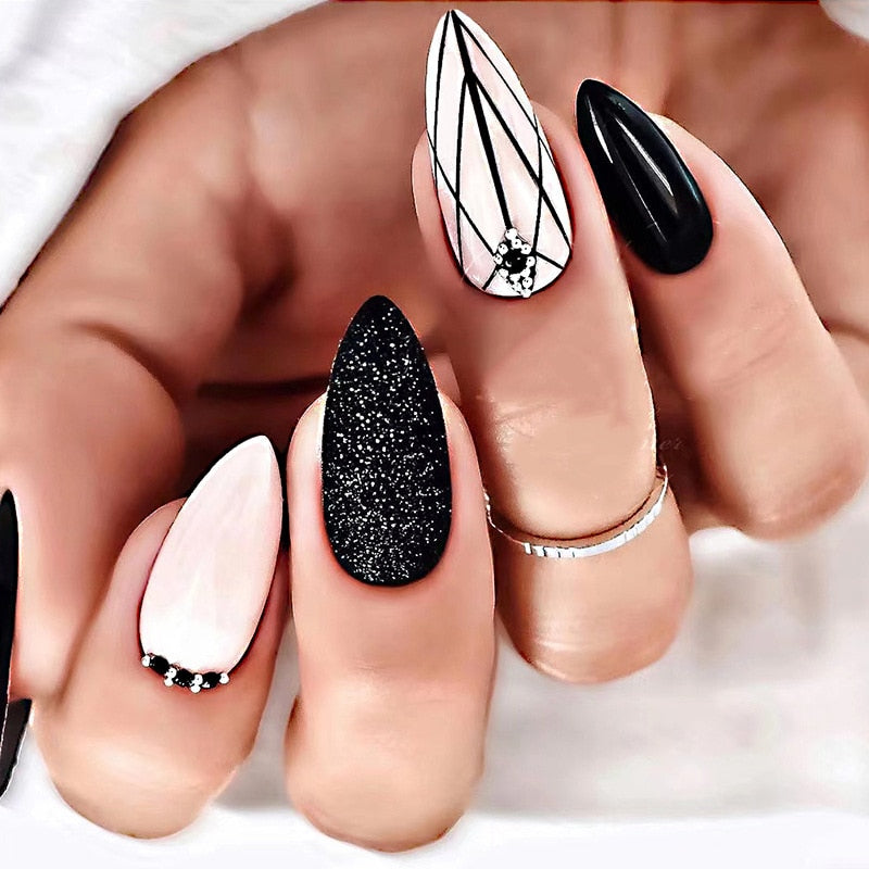 24Pcs Frosting False Nail Tips with Golden Glitter Designs French Rhinestone Manicure Stiletto Fake Nails Set Press on Nails